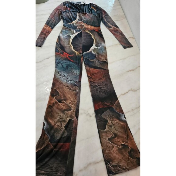 NWT Fashion Nova Jumpsuit Women's XL MultiColor Long Sleeve Stretch Mesh Bodycon - Picture 2 of 12